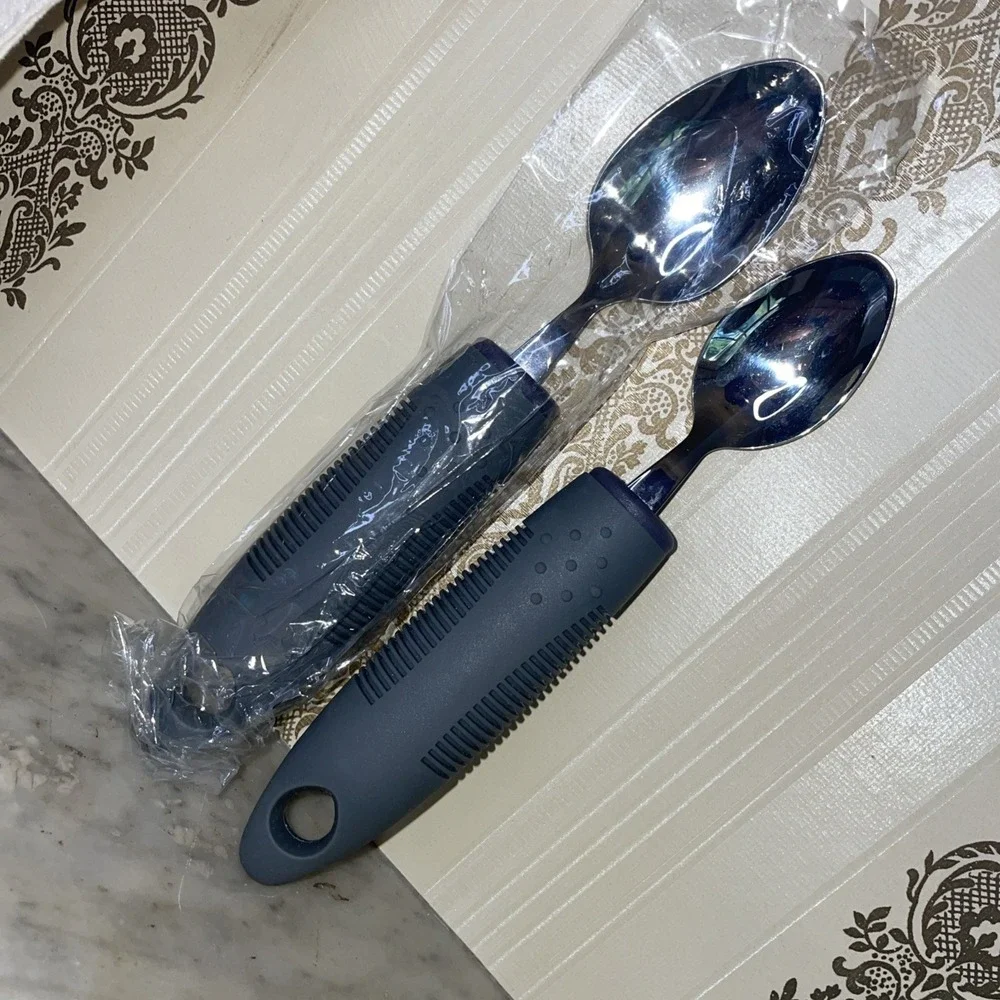 BunMo Adaptive Rubber Grip 4 pc Grey Dinner Utensil Set Canvas Travel Wrap Light